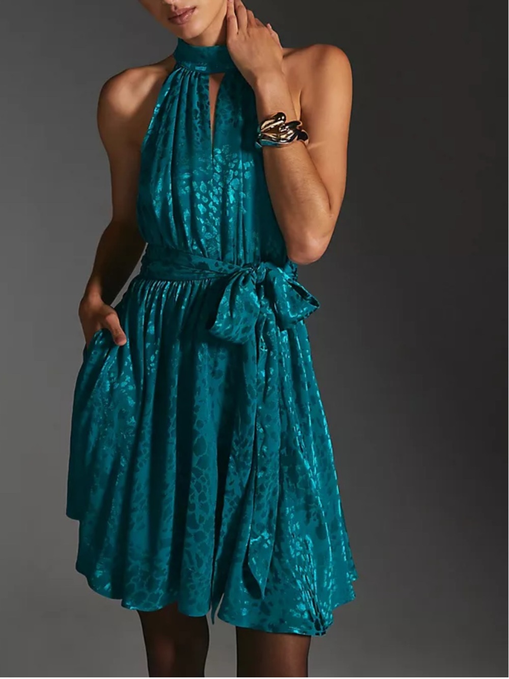 ☀️ New! ANTHROPOLOGIE Turquoise Halter Neck Mini Dress in Leopard Print